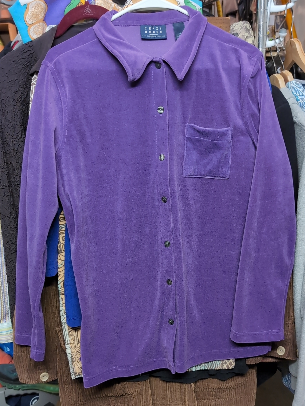 Crazy Horse Cozy Purple Velvet Button-Up Shirt Chest Pocket Liz Claiborne Sz M